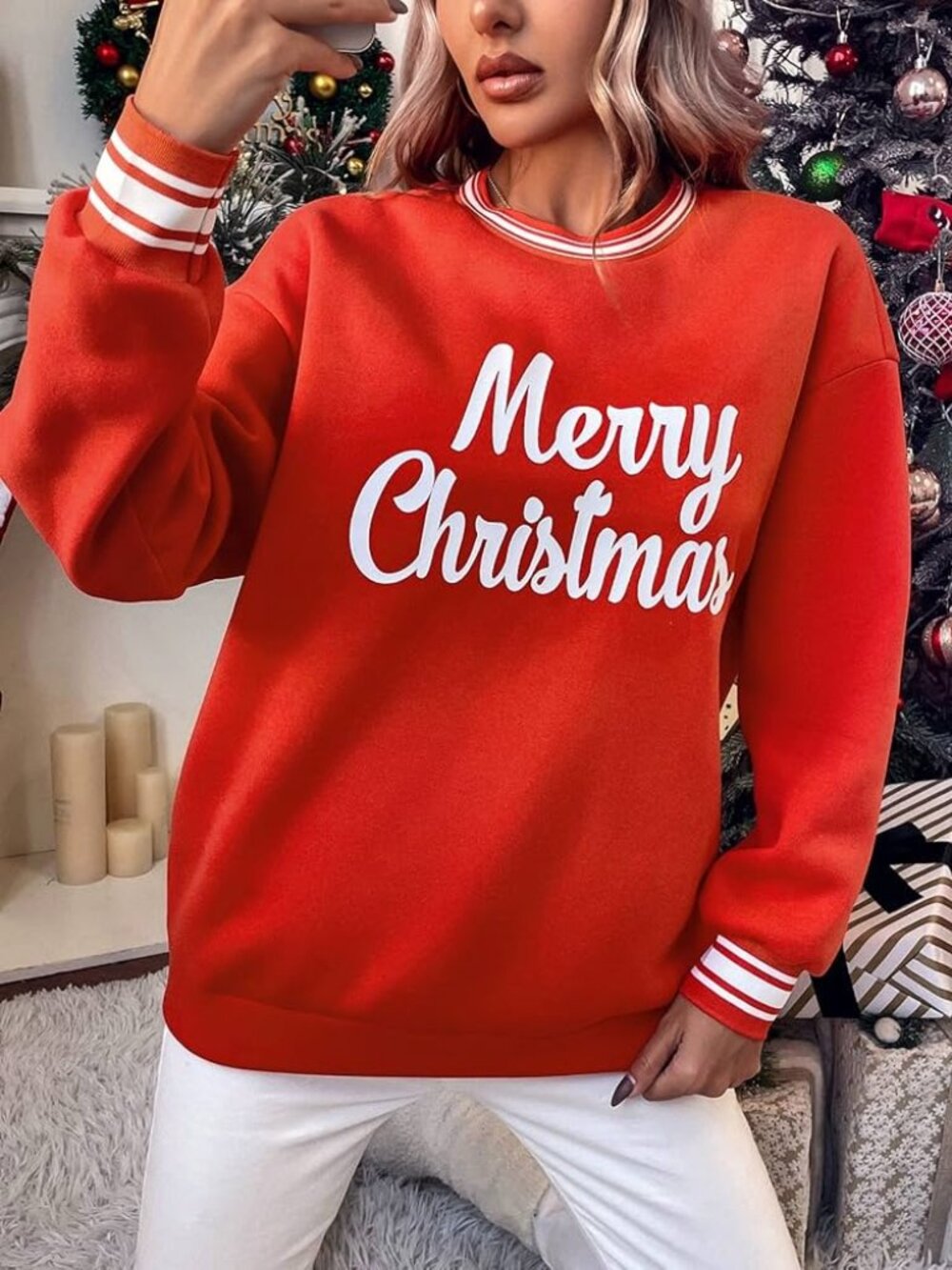 Farzah Red Merry Christmas Sweatshirt Crewneck Size, Size Large